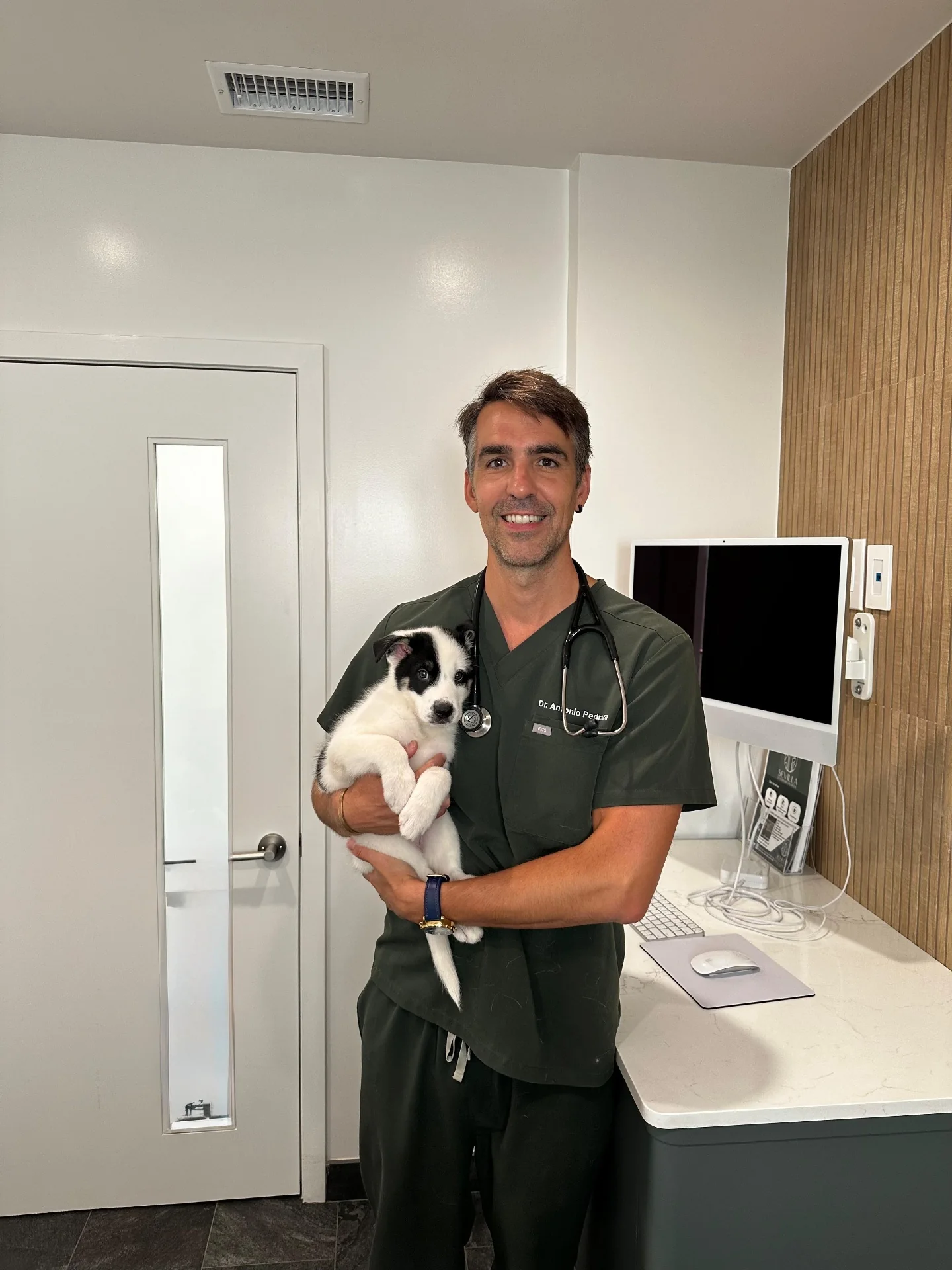 Dr. Antonio Pedraza gently holding a border collie puppy in the exam room